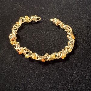 Handmade Wire Wrapped Glass Bead Bracelet One Size Gold Tone Boho Artisan Earthy